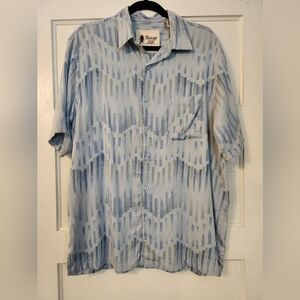 Vintage Silk Circa 1969 Men's Shirt XL Short Sleeve, Button Silk Blue Geometric